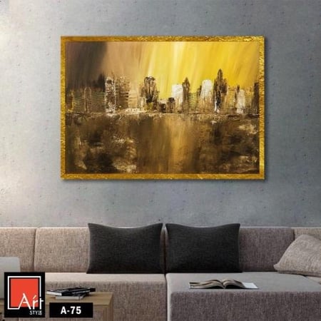 A75 لوحة فنية تجريدية تعكس منظر مدينة بألوان دافئة تتدرج بين الأصفر والبني، تضيف لمسة من الفخامة والدفء إلى أي مساحة.