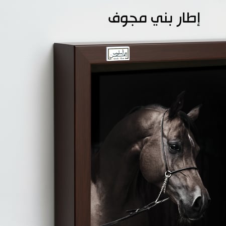 HR98 لوحة فنية معاصرة تصور رأس حصان عربي أصيل بلون بني غامق على خلفية سوداء داكنة. تعكس اللوحة فخامة وجمال الحصان العربي الأصيل، وتضفي شعوراً بالغموض والأناقة على أي مساحة