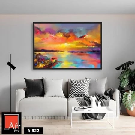 A922  لوحة فنية انطباعية بألوان زاهية، تصور غروب شمس ساحر فوق بحيرة هادئة، تعكس جمال الطبيعة وروعة الألوان.