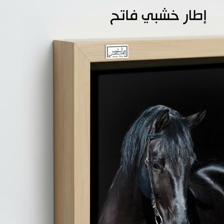 HR167 لوحة فنية واقعية تصور حصانًا أسود في ظلام دامس، يبرز فيها لمعان فروه وعمق عينيه، معبرة عن القوة والغموض والجمال.