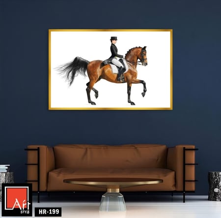HR199 لوحة فنية معاصرة تصور حصانًا بنيًا وهو يقفز في الهواء على خلفية غروب الشمس. تعكس اللوحة قوة وجمال الحصان، وتبرز حركته الديناميكية من خلال الألوان الدافئة والخطوط المتدفقة.