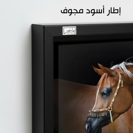 HR109 لوحة فنية بالألوان الزيتية تصور رأس حصان عربي أصيل بلون بني غامق، يبرز جمال ملامحه وأناقته على خلفية سوداء.