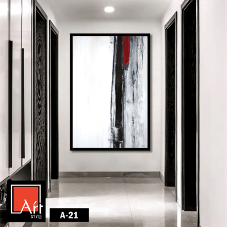 A-21 "لوحة فنية عصرية بتصميم جريء يتضمن خطوطًا رأسية بالأبيض والأسود ولمسة من اللون الأحمر."