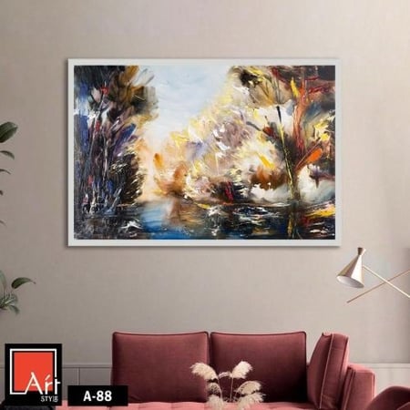 A88 لوحة طبيعية ساحرة بألوان دافئة، تعكس مشهداً خلاباً في الغابة عند غروب الشمس.