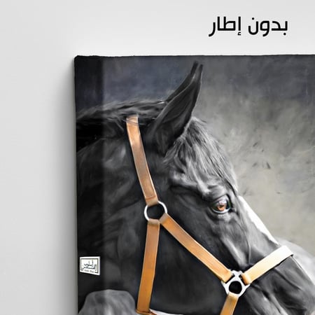 HR119 لوحة فنية بالأبيض والأسود تصور رأس حصان أسود جميل، يبرز لمعان فروه وعمق عينيه على خلفية رمادية داكنة.