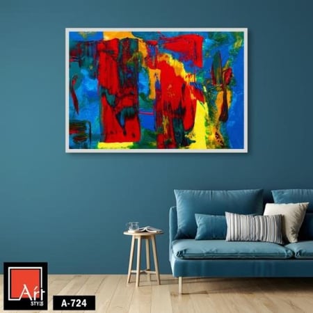 A724 لوحة فنية تجريدية نابضة بالحياة تتألق بمزيج جريء من الألوان الأساسية، حيث تتداخل الأحمر والأزرق والأصفر بشكل عشوائي لتخلق تأثيرًا بصريًا قويًا.