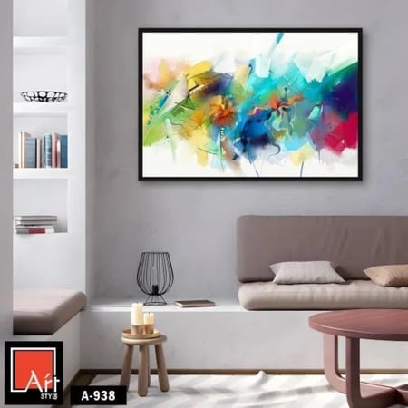 A938 تعتبر هذه اللوحة التجريدية قطعة فنية مشرقة ومفعمة بالحيوية. تندمج فيها الألوان الدافئة مثل الأصفر والبرتقالي مع الألوان الباردة مثل الأزرق والأخضر، مما يخلق تباينًا لافتًا للنظر. يظهر هذا التباين في شكل خطوط متعرجة ومسحات واسعة تغطي سطح اللوحة.