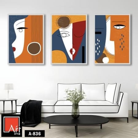 A836  مجموعة لوحات تجريدية تتكون من ثلاث قطع، تصور وجوه بشرية بألوان زاهية وأشكال هندسية بسيطة، تعكس طابعًا عصريًا وجريئًا.