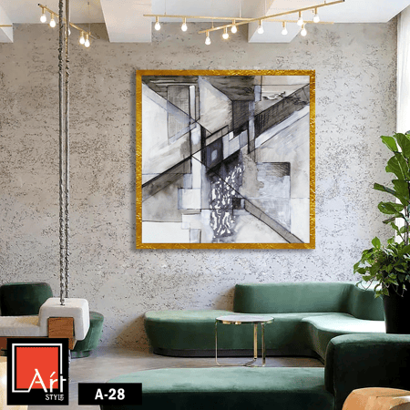 A-28 "لوحة فنية تجريدية بتدرجات رمادية وإطار ذهبي، تضيف لمسة من العمق والعصرية لأي ديكور داخلي."