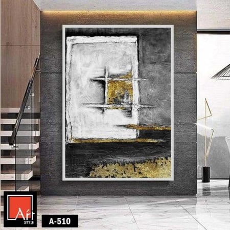 A510 لوحة تجريدية عصرية تجمع بين الأبيض والأسود والذهبي في تصميم هندسي. تعكس اللوحة إحساسًا بالفخامة والأناقة، وتنقل إحساسًا بالحداثة والرقيز