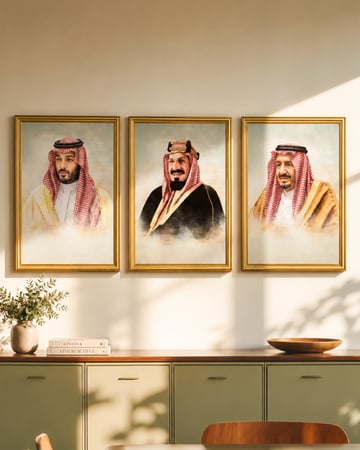 لوحة ثلاثية فنية مميزة تجسد ملوك المملكة العربية السعودية بأسلوب فخم وأنيق