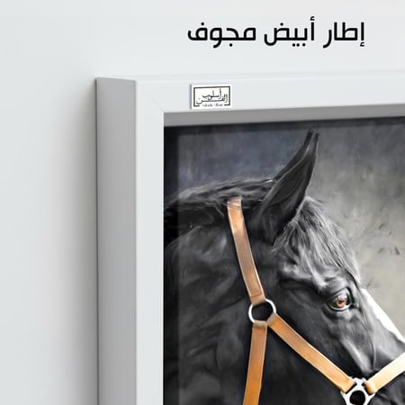 HR119 لوحة فنية بالأبيض والأسود تصور رأس حصان أسود جميل، يبرز لمعان فروه وعمق عينيه على خلفية رمادية داكنة.
