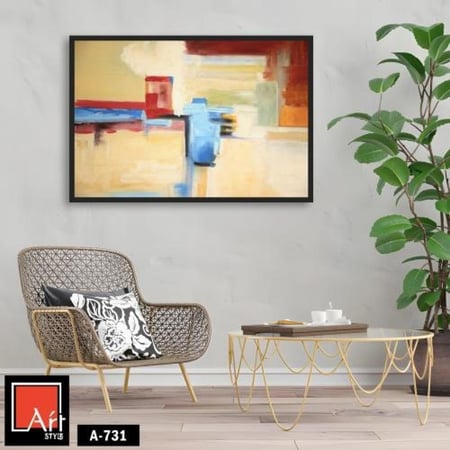 A731 لوحة فنية تجريدية هادئة تتميز بمزيج دافئ من الألوان الترابية والأزرق الهادئ، حيث تتداخل الأشكال الهندسية البسيطة لخلق شعور بالانسجام والتوازن.