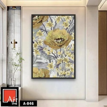 A846 لوحة فنية تجريدية بألوان دافئة، تصور باقة من الزهور بألوان ذهبية وأبيض، تعكس الأناقة والفخامة.
