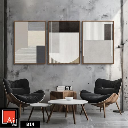 B14  ثلاث لوحات هندسية بألوان رمادية محايدة.