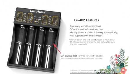 شاحن 4 بطاريات قابلة للشحن مع حاجز منزلق من ليتوكالا Lii-402