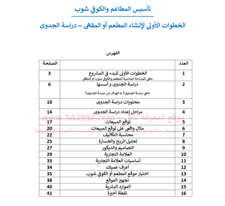 تأسيس المطاعم والكوفي شوب - الخطوات الأولى - دراسة الجدوى - 42 صفحة
