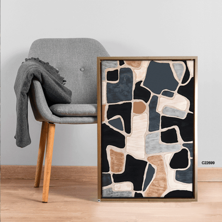 لوحة جدارية بتصميم تجريدي لخطوط واشكال متشابكة بتدرجات الازرق والبيج والاسود