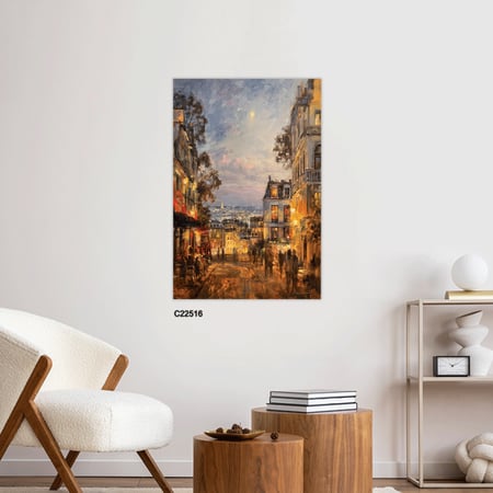 لوحة جدارية تصور احد شوارع باريس بتدرجات البرتقالي والاحمر