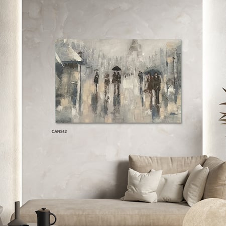 لوحة جدارية كانفس أشخاص وجو ممطر بطابع مائي تدرجات أسود ورمادي وأبيض