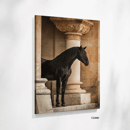 لوحة جدارية كانفس تصور خيل يقف داخل قلعة بتدرجات البني البيج والاسود