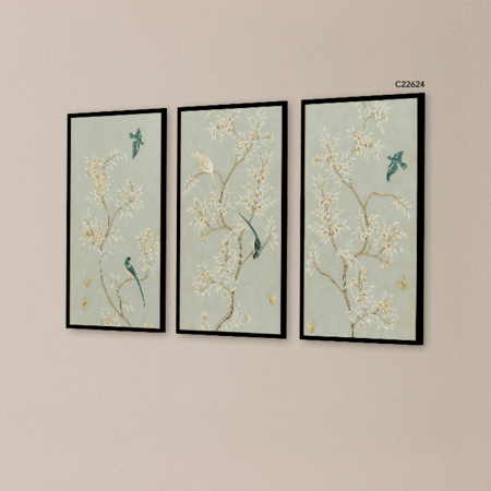 لوحة جدارية تصور اغصان مزهرة وطيور