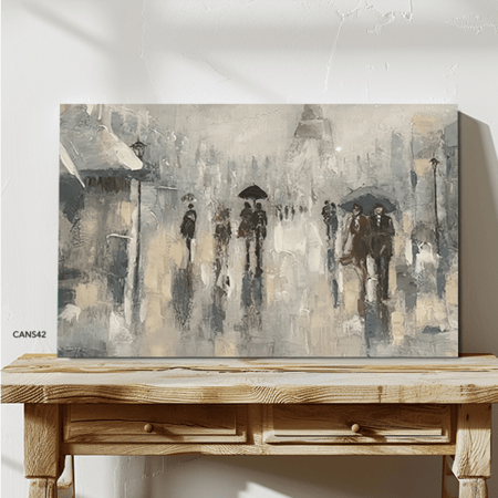 لوحة جدارية كانفس أشخاص وجو ممطر بطابع مائي تدرجات أسود ورمادي وأبيض