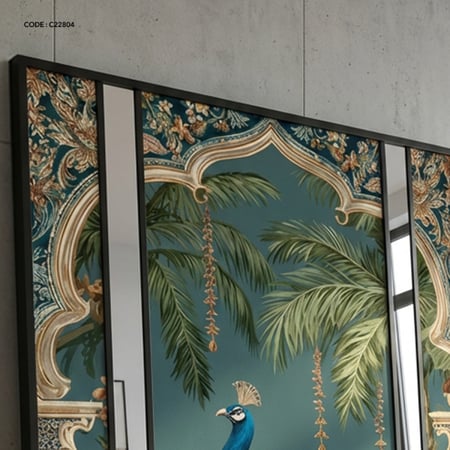 لوحة جدارية كانفس بتصميم لحديقة يتوسطها طاوؤس ومرايا بين قطع الكانفس