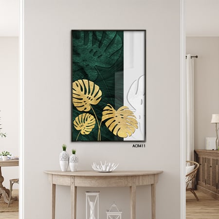 لوحة جدارية أكريليك تصور أوراق شجر بتدرجات من الأخضر والذهبي والأبيض