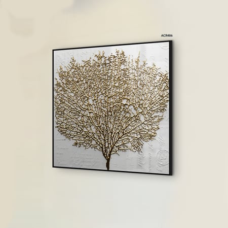 لوحة جدارية أكريليك تتميز بتصميم يصور شجرة بتدرجات من اللون الذهبي.