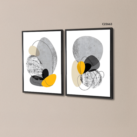 لوحة جدارية كانفس تصور اشكال دائرية متداخلة بتدرجات الرمادي والاصفر والاسود