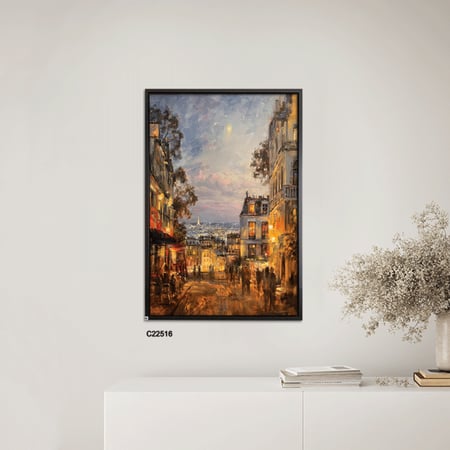 لوحة جدارية تصور احد شوارع باريس بتدرجات البرتقالي والاحمر