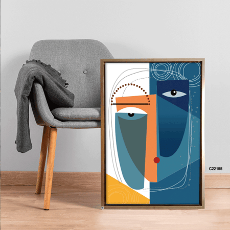 لوحة فنية جدارية كانفس وجه بتدرجات الأزرق مع البرتقالي والأصفر والأبيض