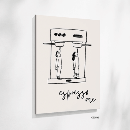 لوحة جدراية تصور الة قهوة كبيرة واشخاص بتدرجات الاسود والابيض
