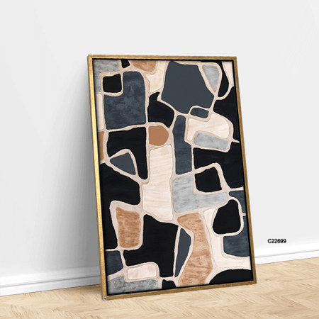 لوحة جدارية بتصميم تجريدي لخطوط واشكال متشابكة بتدرجات الازرق والبيج والاسود