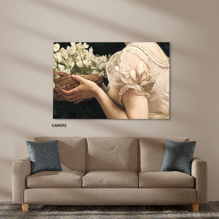 لوحة جدارية كانفس سيدة تحمل ورود تدرجات البيج والأخضر مع الأسود