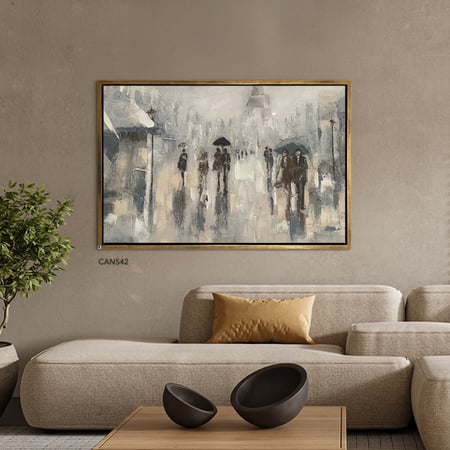 لوحة جدارية كانفس أشخاص وجو ممطر بطابع مائي تدرجات أسود ورمادي وأبيض
