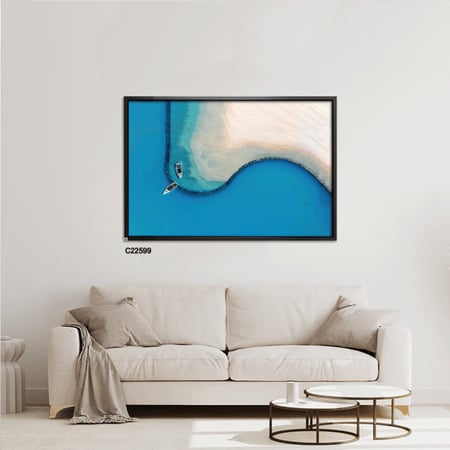 لوحة جدارية كانفس تصور شاطئ بحر وقوراب