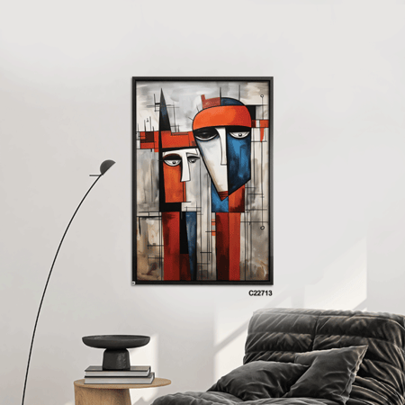 لوحة جدارية كانفس تصور فتاة باسلوب خطوط واشكال تكون ملامح الفتاة بتدرجات البرتقالي والازرق