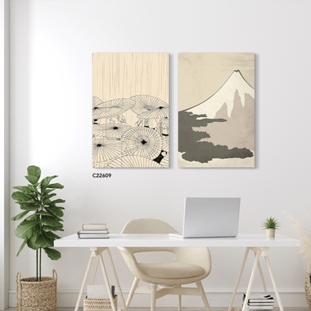 لوحة جدارية كانفس تجسد جبل الفوجي ومظلات تقليدية ورقية يابانيه بتدرجات البيج والبني