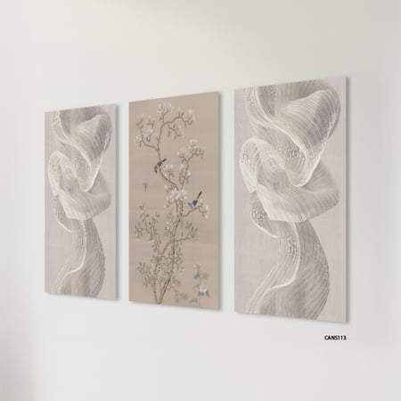 لوحة جدارية كانفس مقسمة، ورود وأغصان وتموجات-تدرجات البني والبيج