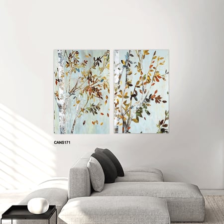 لوحة جدارية كانفس مقسمة أوراق وأغصان تدرجات البني والازرق