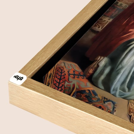 لوحة جدارية تصور بائع وسيدة في العصور الاسلامية القديمة تدرجات البيج والاحمر والازرق