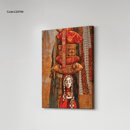 لوحة جدارية بتصميم لفتاة وزخارف تقليدية