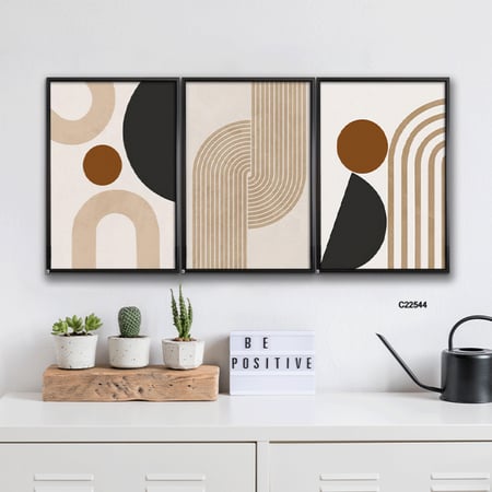 لوحة جدارية كانفس تصور اشكال هندسية وخطوط بتدرجات البني والبيج والاسود