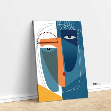 لوحة فنية جدارية كانفس وجه بتدرجات الأزرق مع البرتقالي والأصفر والأبيض