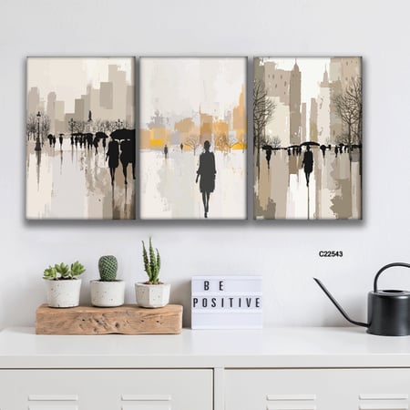 لوحة تصور اشخاص بتدرجات البيج والاصفر والرمادي والاسود