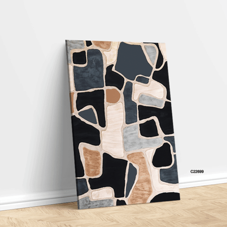 لوحة جدارية بتصميم تجريدي لخطوط واشكال متشابكة بتدرجات الازرق والبيج والاسود