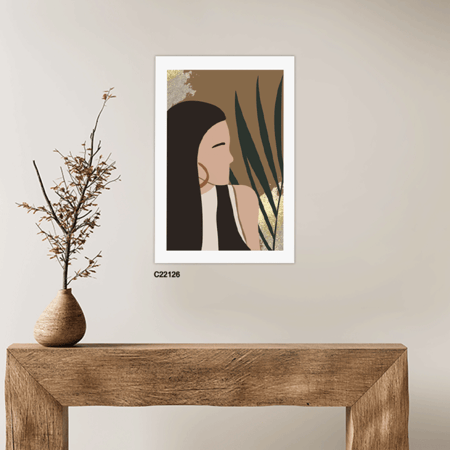 لوحة  جدارية كانفس ، ورقة شجر وفتاة - تدرجات البني والبيج - فن بوهيمي