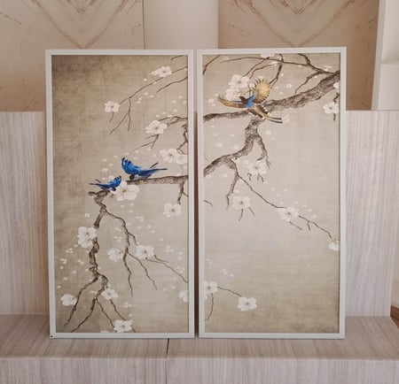 لوحة  كانفس مقسمة ورد وطيور وأغصان - لوحات ورود - فيم ستور - famestore